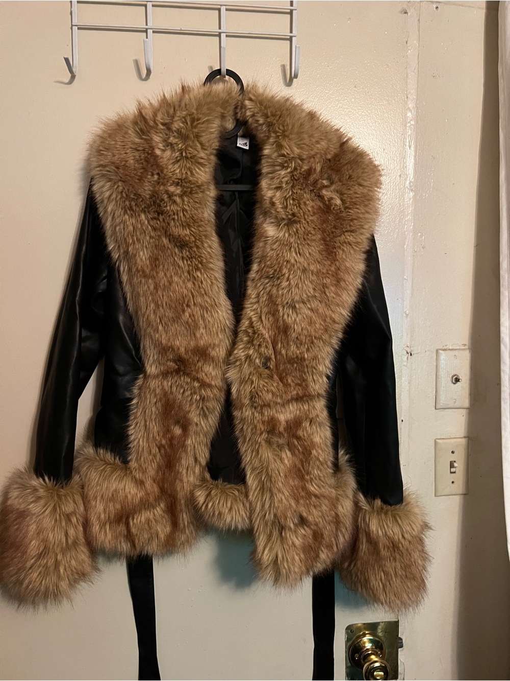 Black Faux-Leather Jacket with Brown Faux-Fur Trim